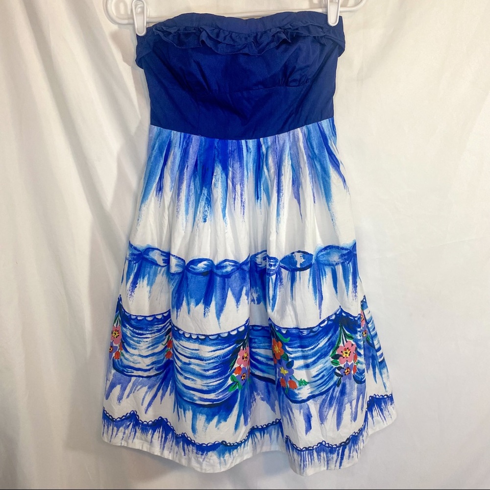 Anthropologie Strapless Blue & White Floral Print Dress